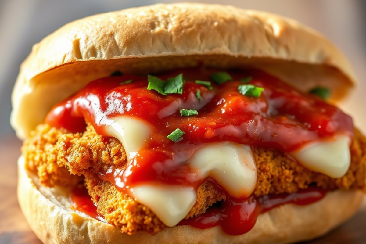 homemade chicken parm sandwich with crispy breaded chicken, marinara sauce, and melted mozzarella