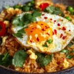 A plate of golden egg fried rice with vegetables