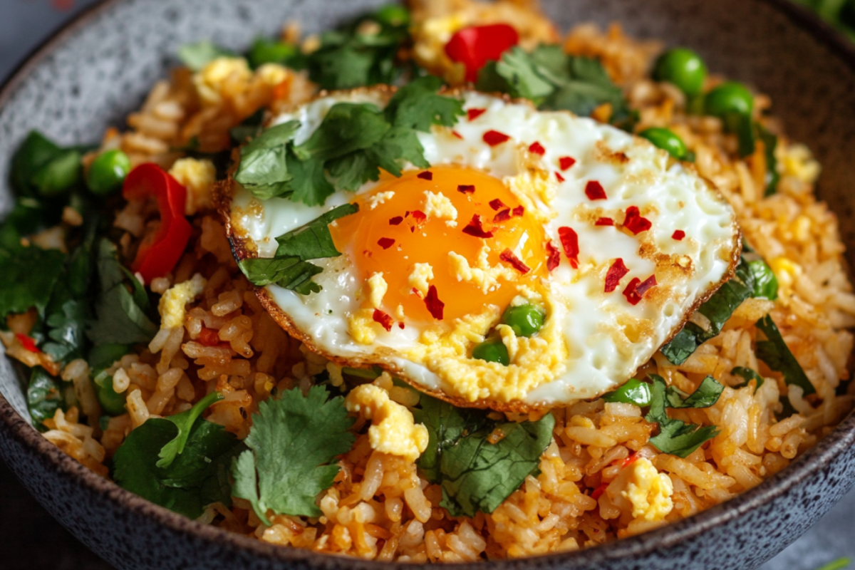 A plate of golden egg fried rice with vegetables