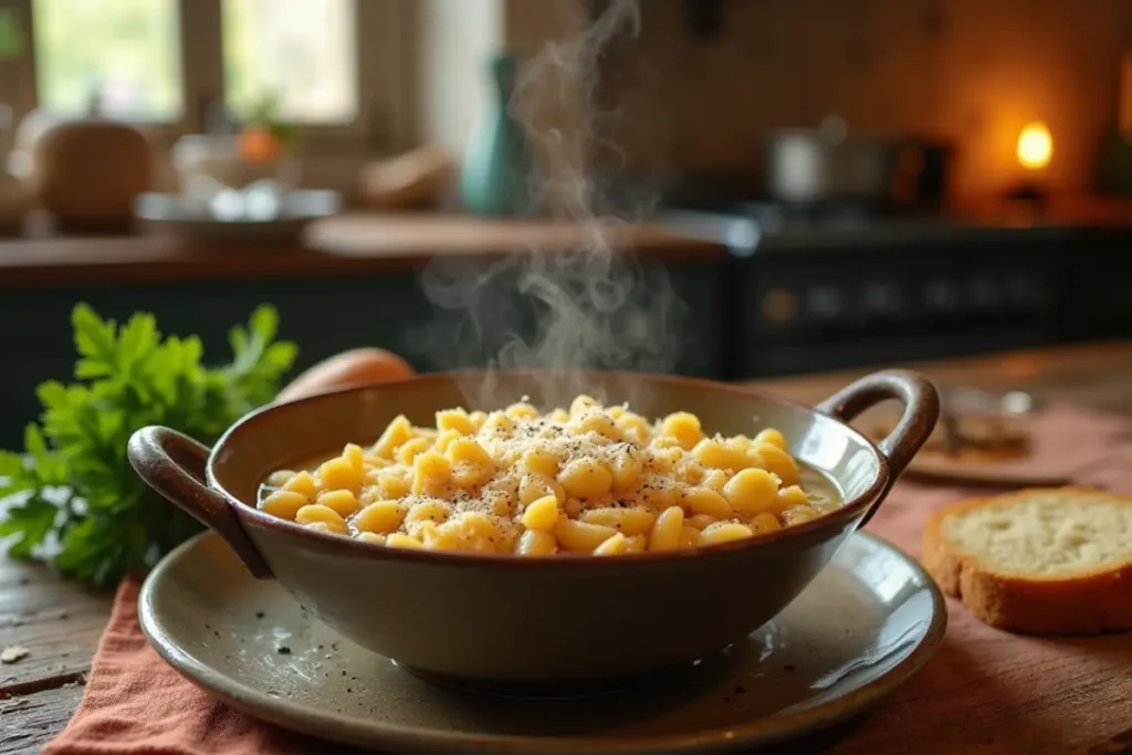 A steaming bowl of traditional Italian pastina pasta in broth, garnished with grated Parmesan cheese and black pepper, served with crusty bread on a rustic wooden table in a cozy Italian kitchen