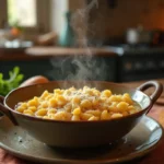 A steaming bowl of traditional Italian pastina pasta in broth, garnished with grated Parmesan cheese and black pepper, served with crusty bread on a rustic wooden table in a cozy Italian kitchen